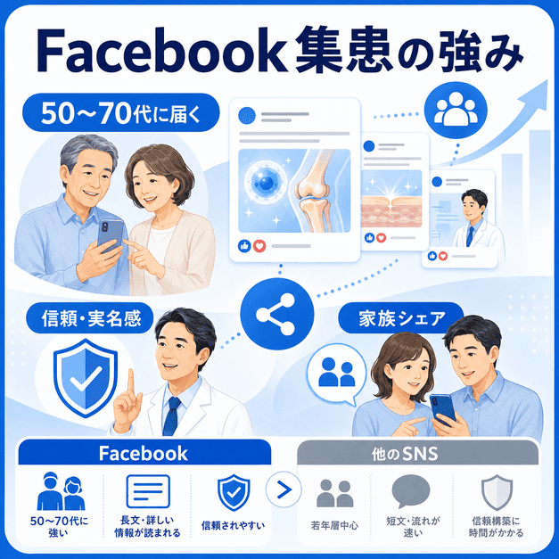 Facebookが50〜70代の慢性疾患層に届きやすい理由を、中高年夫婦と医師、信頼や家族シェアの要素で示したイラスト