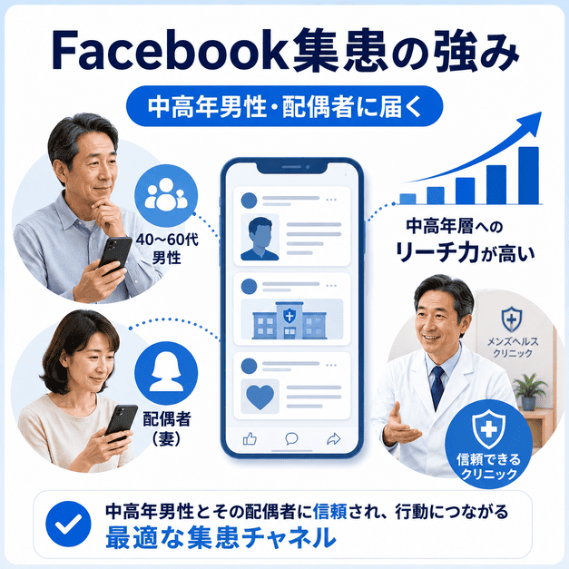 Facebookが中高年男性と配偶者に届きやすく、メンズヘルスクリニックの集患に有効であることを示したイラスト
