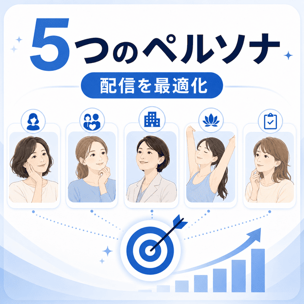 美容皮膚科のFacebook集患で5つのペルソナを見極めて配信を最適化するイラスト