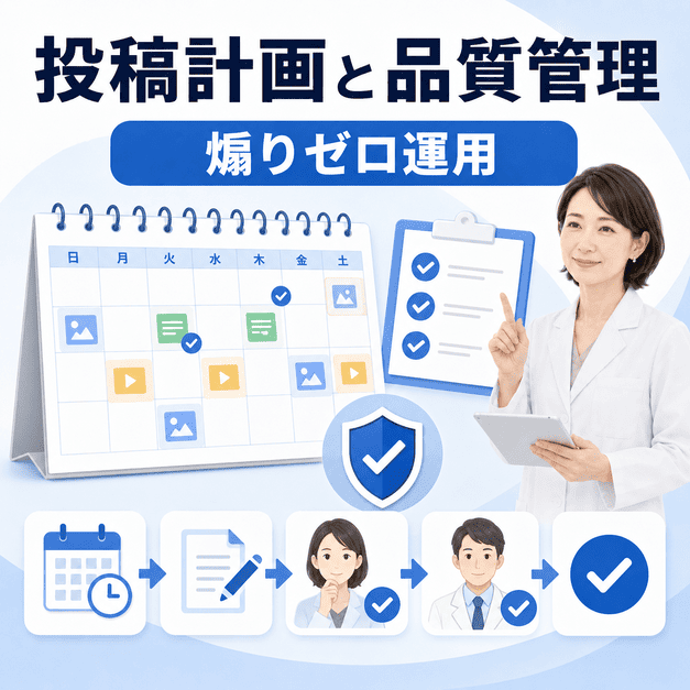 美容皮膚科のFacebook運用で投稿カレンダーと品質管理を行い誠実発信を続けるイラスト