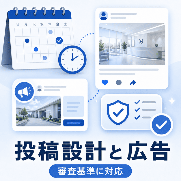 投稿タイミングやビジュアル設計、Facebook広告の審査対応を整理するイラスト