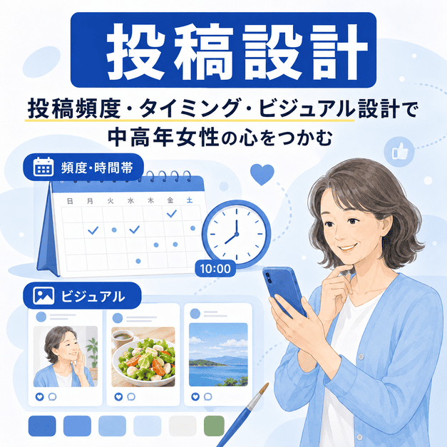 中高年女性に向けたFacebook投稿の頻度、時間帯、ビジュアル設計をカレンダーや投稿カードで表したイラスト