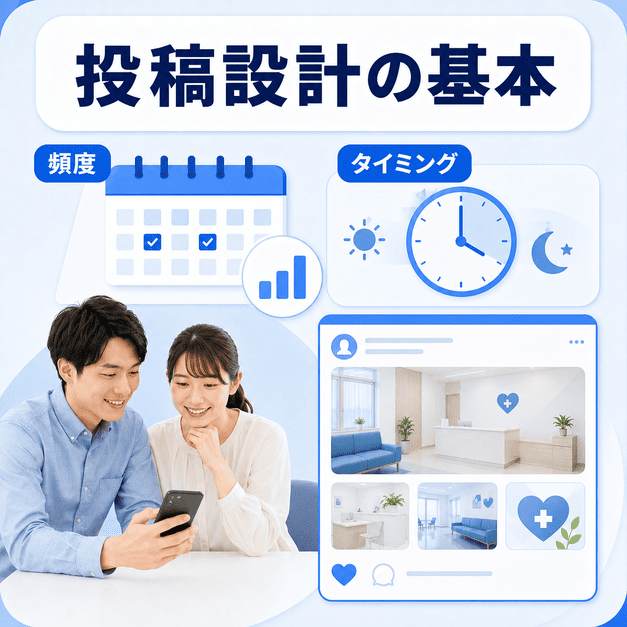 夫婦の生活リズムに合わせてFacebook投稿の頻度・タイミング・ビジュアルを設計する様子を示したイラスト