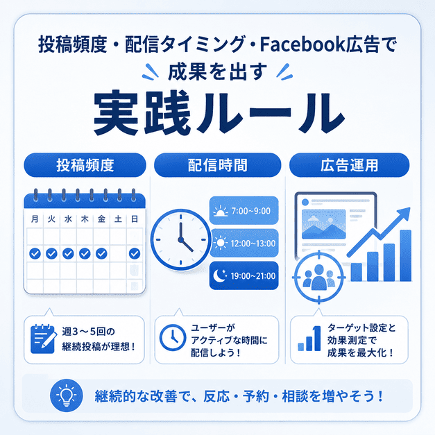 投稿頻度・配信タイミング・Facebook広告運用を整理し、検診予約につなげる実践ルールを示したイラスト