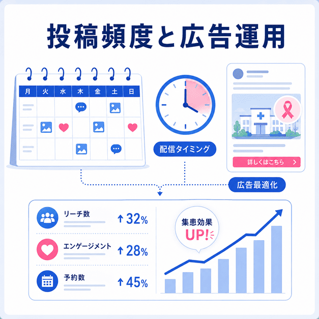 乳腺外科クリニックのFacebook投稿頻度、配信タイミング、広告運用を最適化して集患効果を高めるイラスト