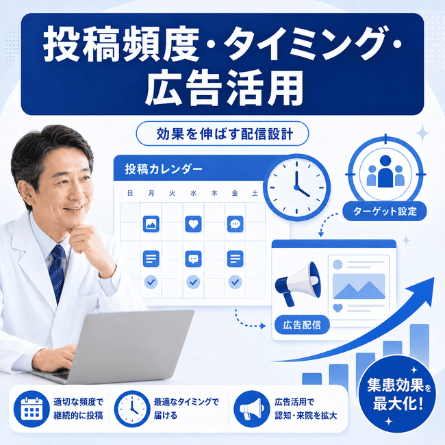 肛門外科のFacebook運用で投稿頻度、配信タイミング、広告活用により集患効果を高める様子を示すイラスト
