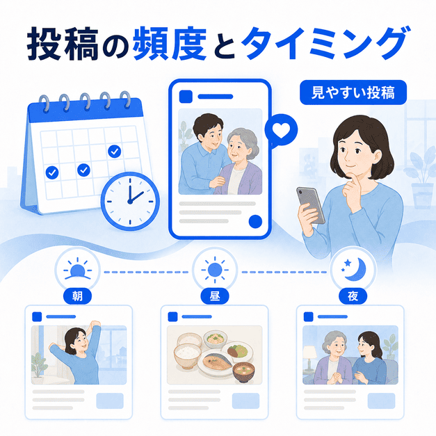 介護家族が見やすい朝昼夜の投稿タイミングや投稿頻度を、カレンダーと投稿カードで示した図解