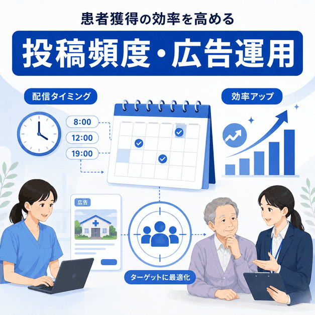 投稿頻度や配信タイミング、Facebook広告運用で訪問診療の集患効率を高めるイラスト