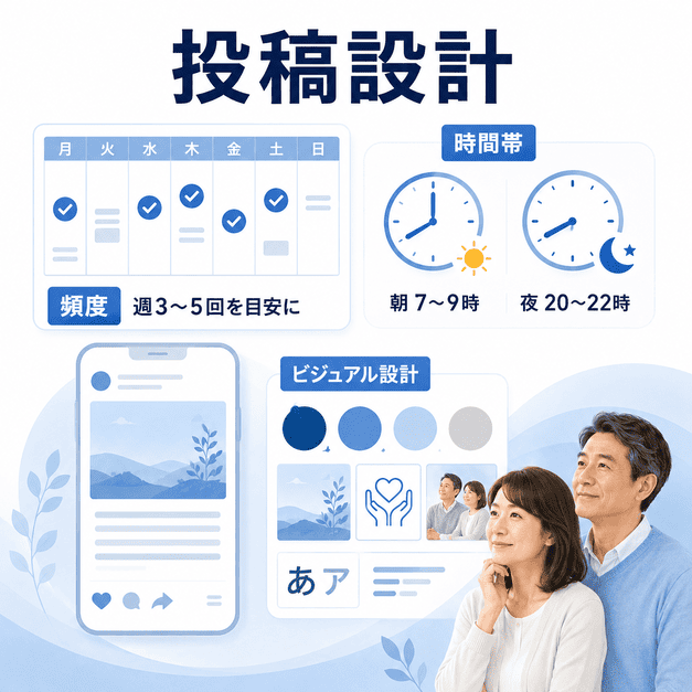 心療内科Facebook運用の投稿頻度、配信時間帯、ビジュアル設計を整理した図解