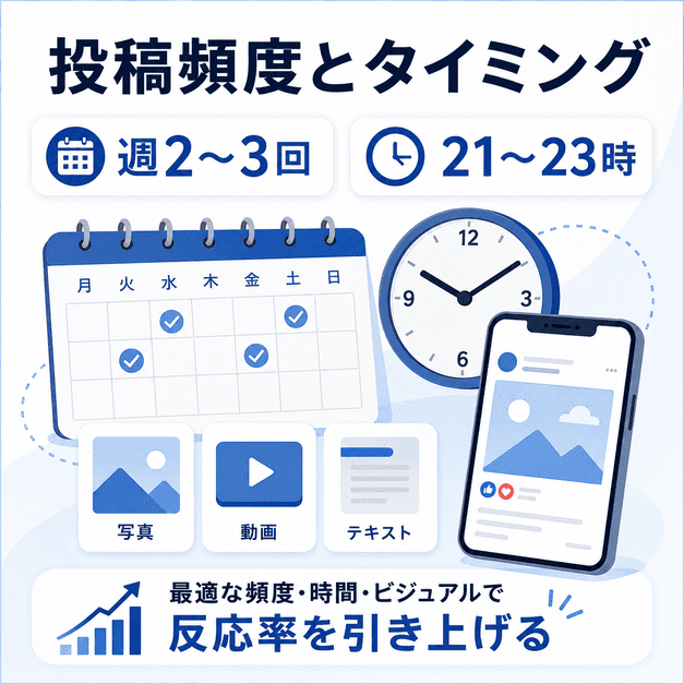 投稿頻度、配信時間、写真・動画・テキストの使い分けでFacebookの反応率を高める図解
