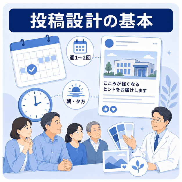 精神科ペルソナに合わせて投稿頻度や配信タイミングやビジュアルを設計する様子を示すイラスト