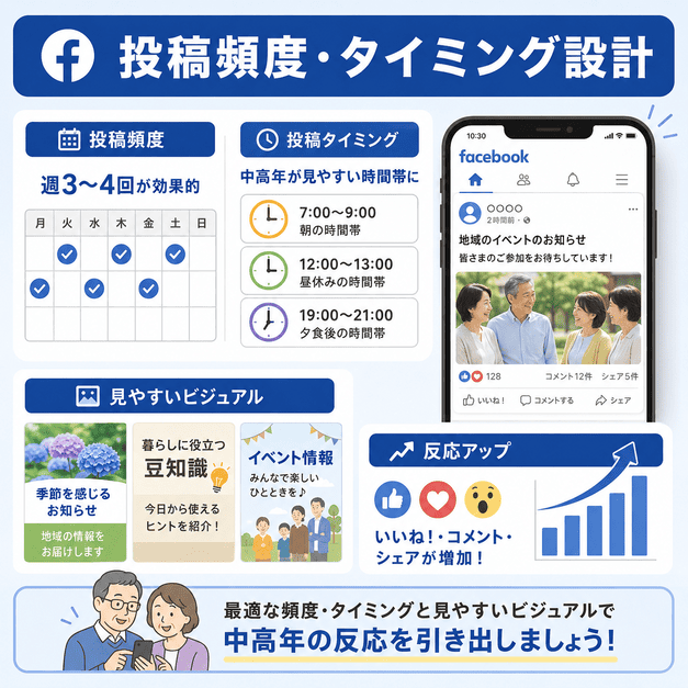 投稿頻度・投稿時間・見やすいビジュアル設計で中高年層の反応を高めるイラスト