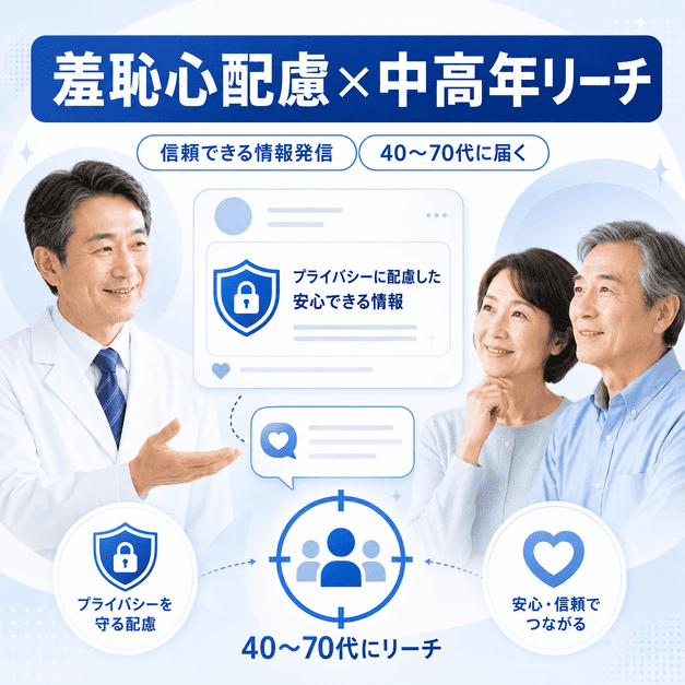 肛門外科のFacebook集患で、羞恥心に配慮した情報発信と40〜70代へのリーチを示すイラスト