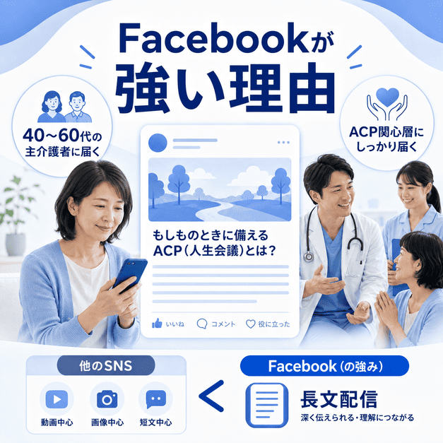 Facebookが40〜60代の主介護者やACP関心層に届きやすい理由を、スマホ閲覧と長文投稿で表したイラスト