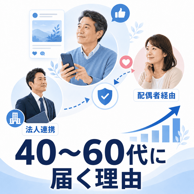心療内科のFacebook集患が40〜60代中高年、配偶者、法人に届く理由を示した図解