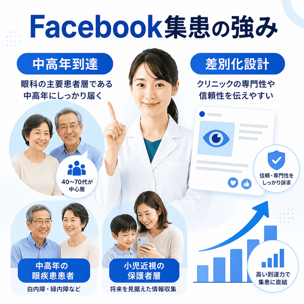 Facebookが中高年の緑内障・白内障患者層に届きやすく、眼科クリニックの差別化にもつながることを示す画像
