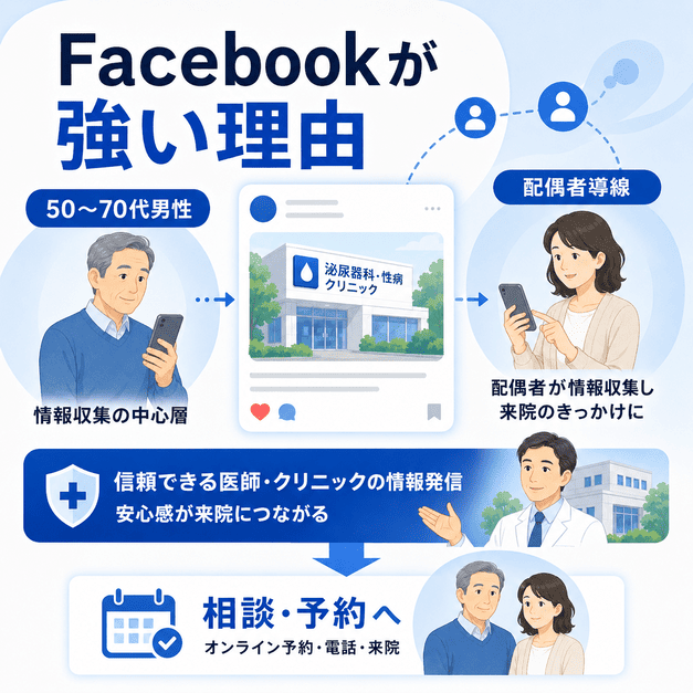 Facebookが中高年男性と配偶者に届き、泌尿器科クリニックへの相談や予約につながる理由を示した図解