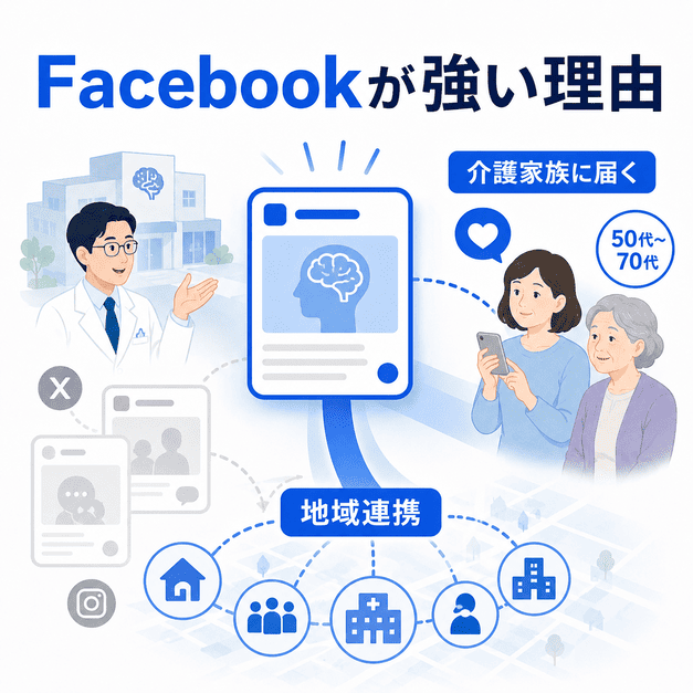 脳神経内科のFacebook運用が50代から70代の介護家族や地域包括ケアに届きやすい理由を示す図解