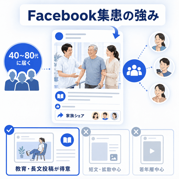 リハビリ科クリニックのFacebook集患が家族シェアや中高年層への情報発信に強いことを示す図解