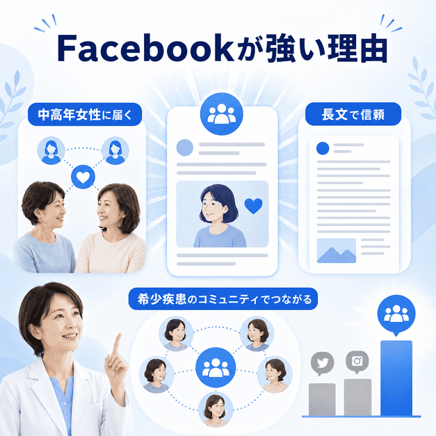 Facebookがリウマチ・膠原病領域で中高年女性や難病コミュニティに届きやすい理由を示した図解