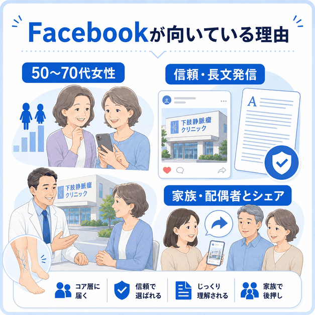 下肢静脈瘤治療クリニックにFacebookが向いている理由を50〜70代女性や信頼発信の観点で示したイラスト