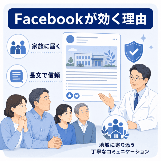 精神科クリニックでFacebookが家族層への情報発信や信頼形成に役立つ理由を示すイラスト