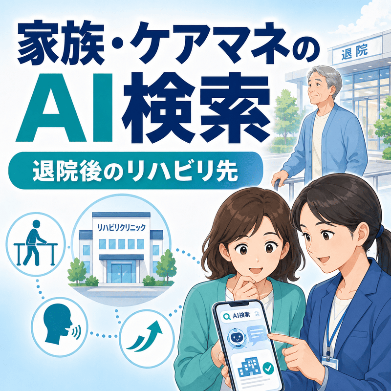 家族とケアマネジャーがAI検索で退院後のリハビリ先を探す様子