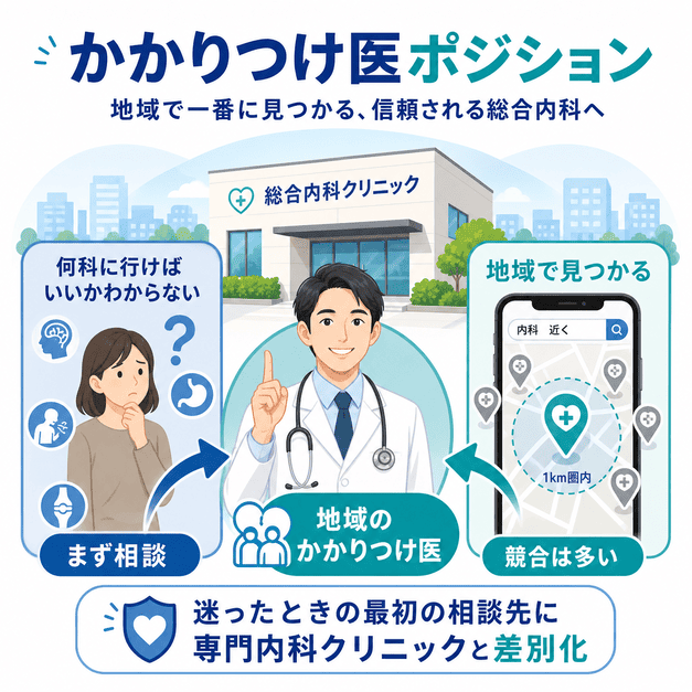 何科に行けばよいか迷う患者を総合内科クリニックへ導き、地域のかかりつけ医として認知される流れを示した図