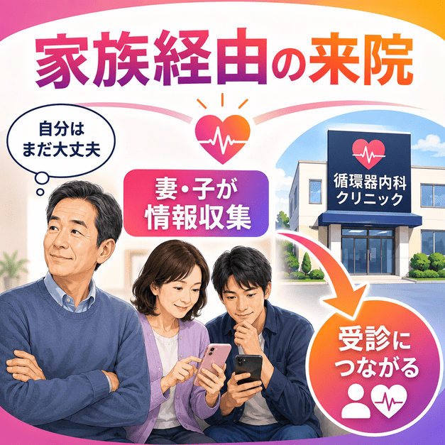 妻や子どもがスマートフォンで循環器内科の情報を調べ、家族経由で受診につながる様子