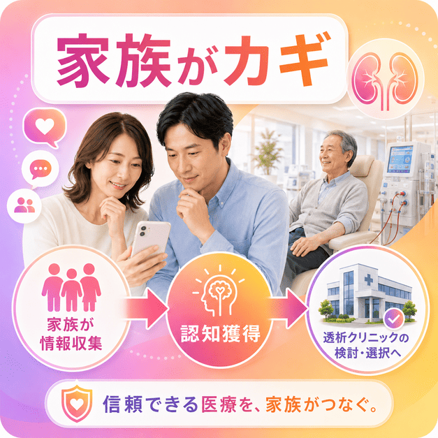 家族がスマートフォンで透析クリニックの情報を集め、認知獲得から施設選びへ進む流れを示したイラスト