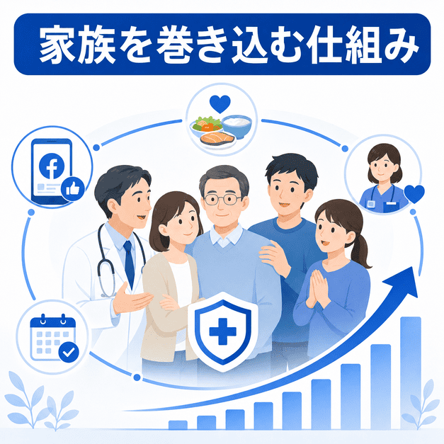 医師、患者、配偶者、家族が協力し、食事サポートと継続管理でFacebook集患を成功させる仕組みを表したまとめ用イラスト
