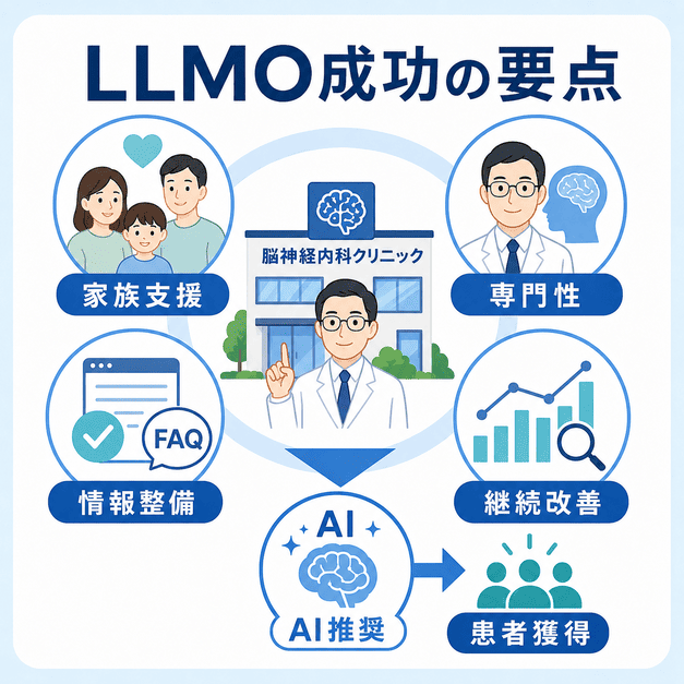家族支援、専門性、情報整備、継続改善を組み合わせてAI推薦と患者獲得につなげるLLMO成功要点をまとめた図