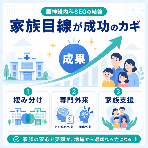 脳神経内科SEOの結論として、棲み分け、専門外来、家族支援を家族目線で統合し成果につなげることを示したまとめイラスト