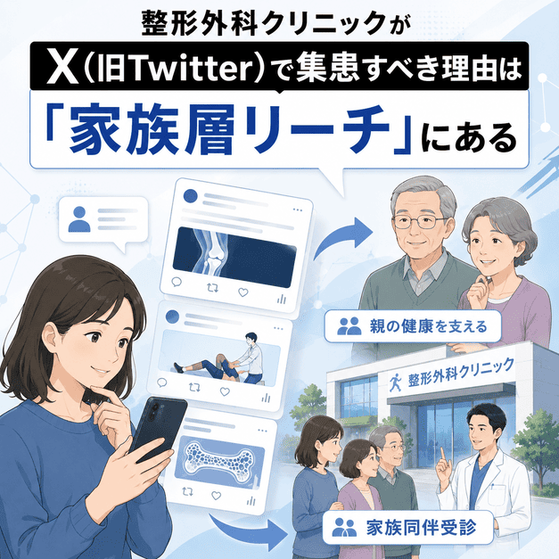 高齢の親を心配する家族がXで整形外科情報を検索し、クリニック受診につながる流れを示したイラスト