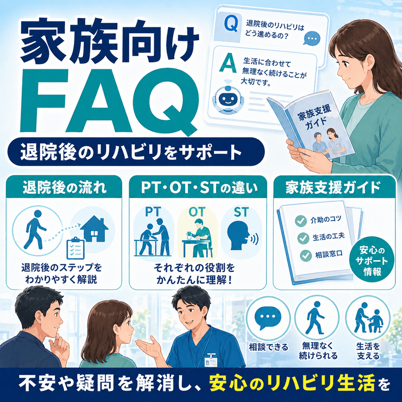 家族向けFAQと退院後リハビリガイドで不安を解消するイラスト