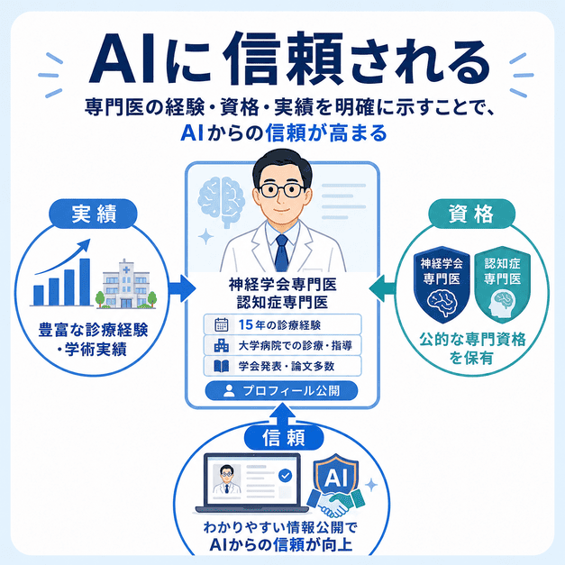 神経学会専門医や認知症専門医の資格、診療経験、実績を明示してAIからの信頼を高める考え方を示した図