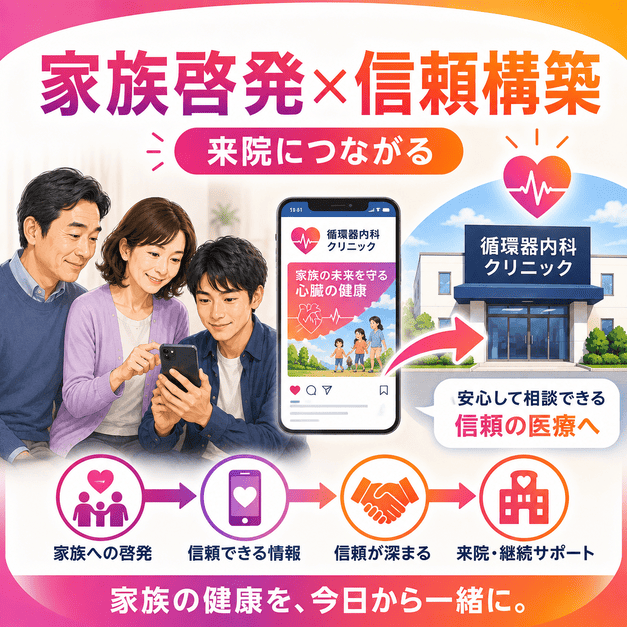 家族への啓発と信頼構築を通じて循環器内科への来院と継続支援につながる流れ