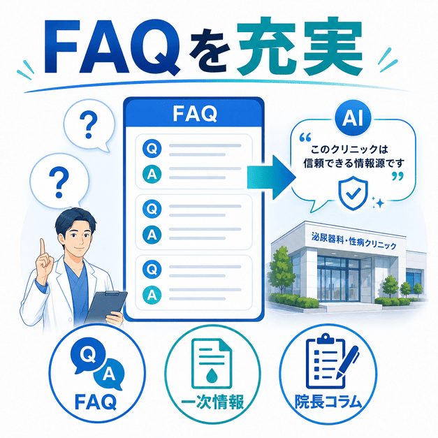 FAQ・一次情報・院長コラムを充実させ、AIに引用されやすい情報源を作る流れを示した図解