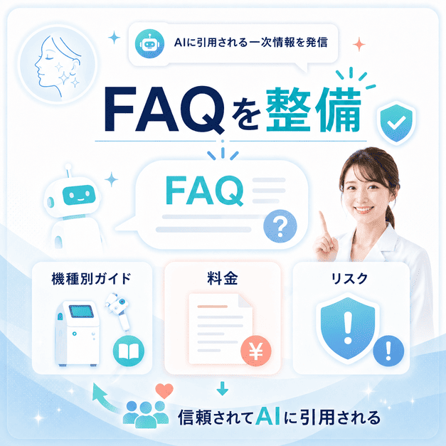 FAQや機種別ガイド、料金、リスク情報など一次情報を整備してAI引用を狙う流れを示す図解