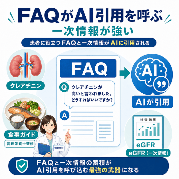 クレアチニン・食事ガイド・eGFRなどのFAQと一次情報がAI引用につながることを示した図解