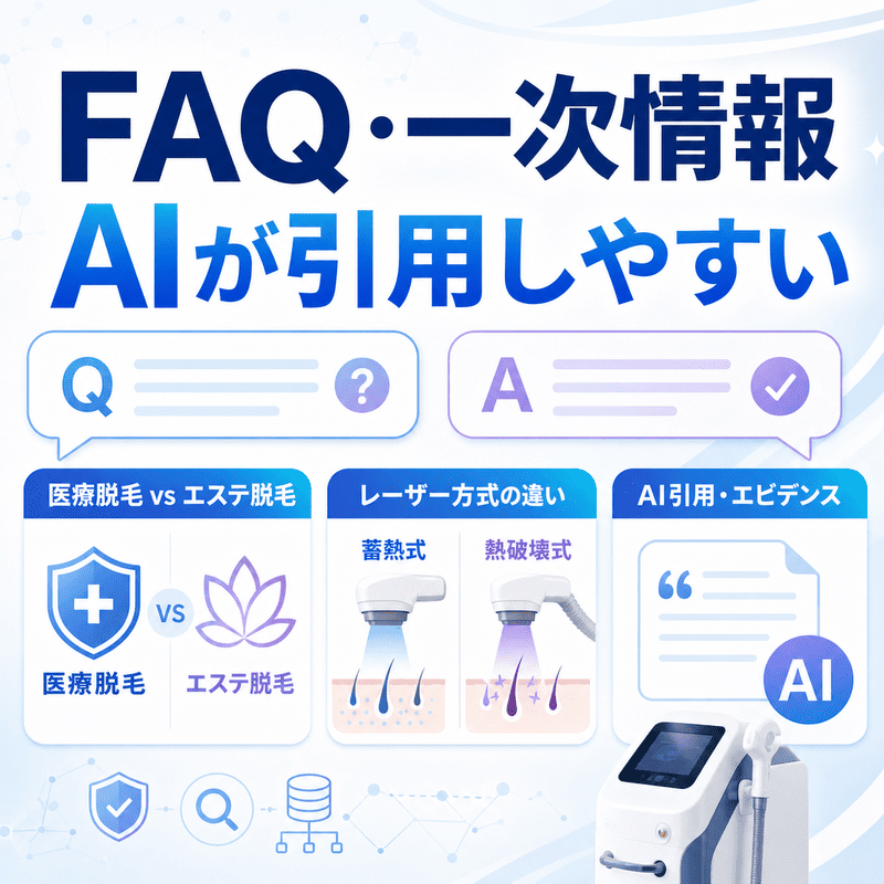 医療脱毛とエステ脱毛の違いやレーザー方式の比較を、FAQとAI引用の形で整理したイラスト