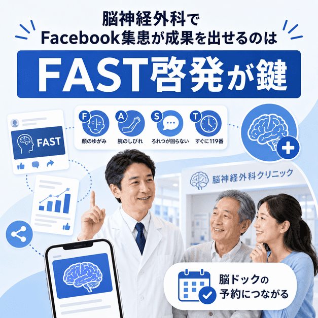 脳神経外科クリニックがFAST啓発を通じて家族間シェアと脳ドック予約につなげる様子