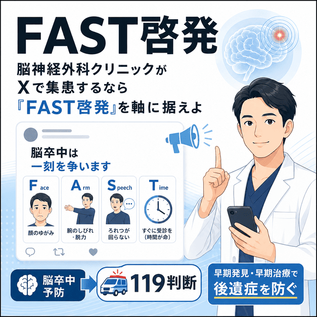 脳神経外科クリニックがXでFAST啓発を行い脳卒中の早期発見と119判断を促すイラスト