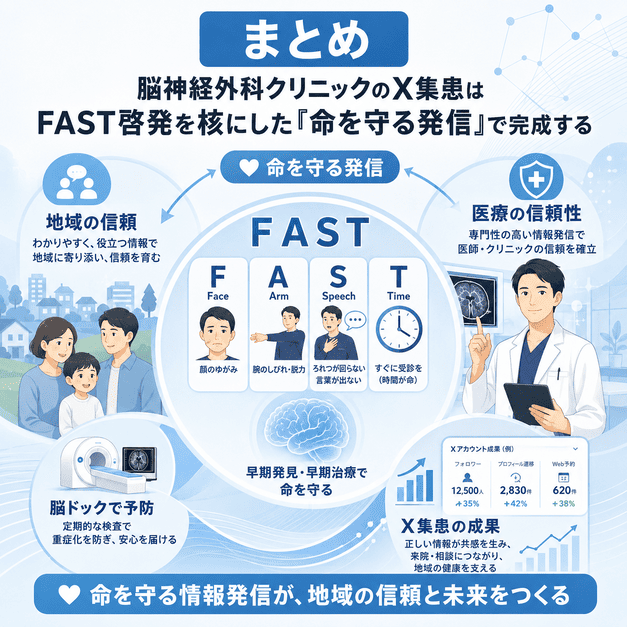 FAST啓発を核にした命を守る情報発信が地域の信頼と脳ドック集患につながるまとめイラスト