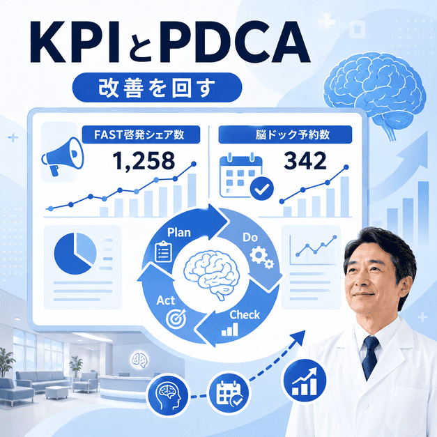 FAST啓発のシェア数と脳ドック予約数をKPIとしてPDCA改善するダッシュボードの図解