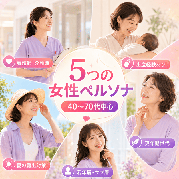 40〜70代女性を中心に、立ち仕事・出産経験・更年期・夏前対策などのペルソナを分類したイメージ