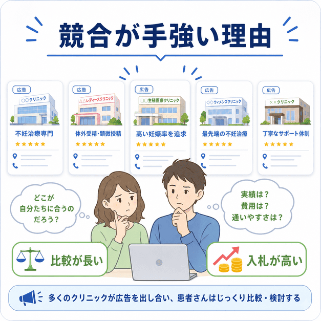 不妊治療クリニックの広告で複数の競合医院が並び、患者が比較検討している様子を表したイラスト