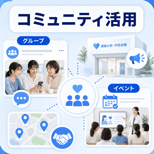 不妊治療クリニックがFacebookのコミュニティ・イベント・グループを活用して地域の認知と信頼を広げる様子を示したイラスト