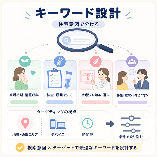 不妊治療広告のキーワードを検索意図やターゲティング条件で整理する様子を表した図