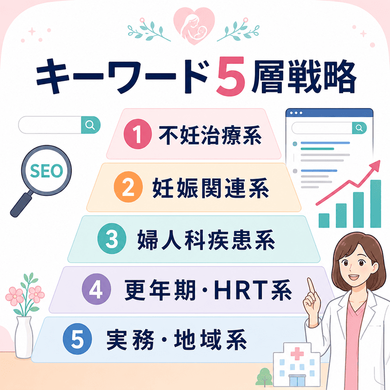 不妊治療系、妊娠関連系、婦人科疾患系、更年期・HRT系、実務・地域系のSEOキーワード5層戦略を示した図